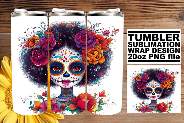 Watercolor Muerta Woman Tumbler – 20oz Sublimation Art Sublimation afrosvg 