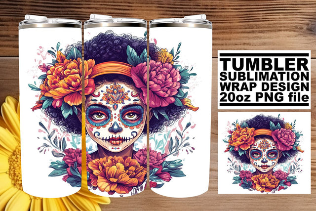 Watercolor Muerta Woman Tumbler Wrap – 20oz Sublimation Sublimation afrosvg 