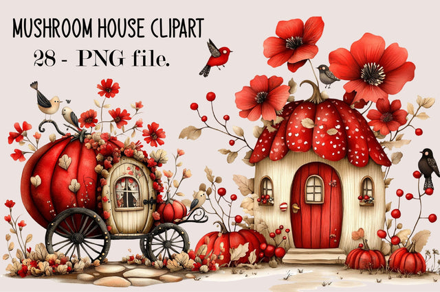 Watercolor Mushroom House Clipart Bundle. Sublimation SVGArt 