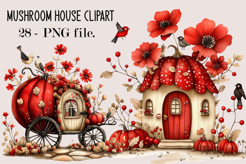Watercolor Mushroom House Clipart Bundle. Sublimation SVGArt 