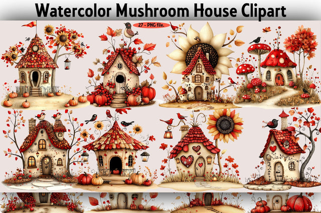 Watercolor Mushroom House Clipart Bundle Sublimation SVGArt 