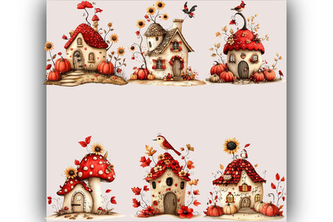 Watercolor Mushroom House Clipart Bundle. Sublimation SVGArt 