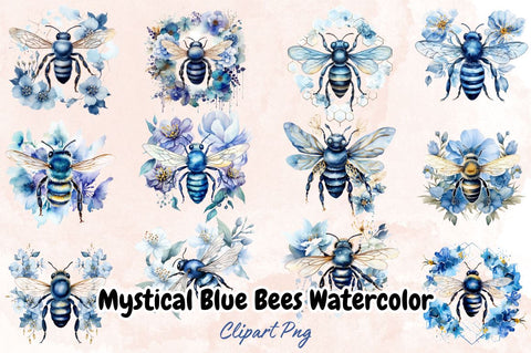 Watercolor Mystical Blue Bees Clipart Bundle Sublimation Designangry 