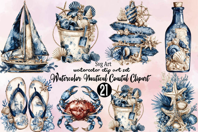 Watercolor Nautical Coastal Clipart Bundle. Sublimation SVGArt 