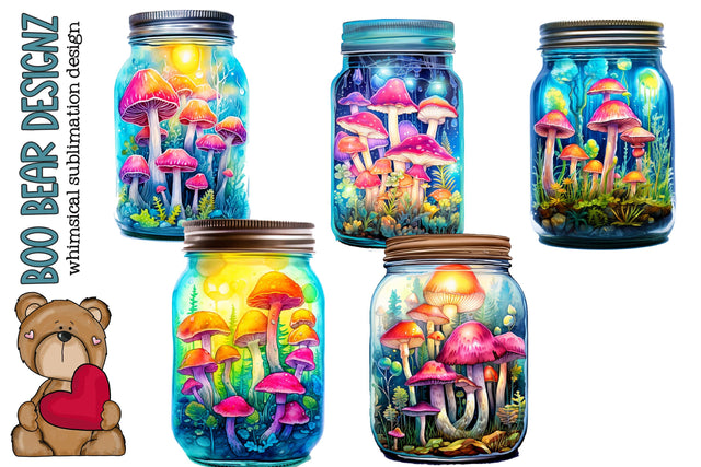 Watercolor Neon Mushrooms in Jar Clipart Sublimation Boo Bear Designz 