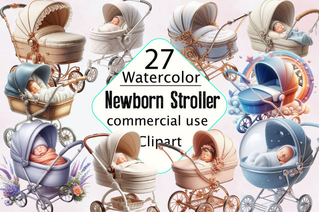 Watercolor Newborn Stroller Clipart Bundle Sublimation SVGArt 