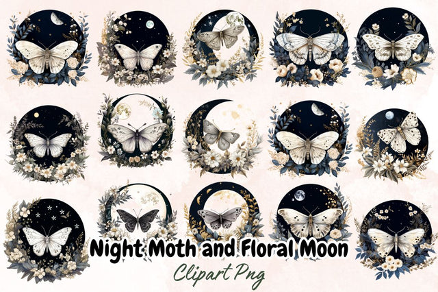 Watercolor Night Moth and Floral Moon Clipart Bundle Sublimation Designangry 