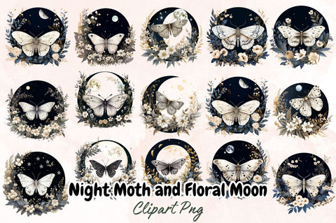 Watercolor Night Moth and Floral Moon Clipart Bundle Sublimation Designangry 