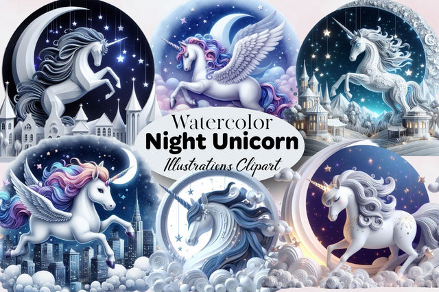 Watercolor Night Unicorn Clipart PNG Sublimation SVGArt 
