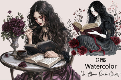 Watercolor Noir Bloom Reader Clipart Sublimation SVGArt 