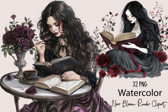 Watercolor Noir Bloom Reader Clipart Sublimation SVGArt 