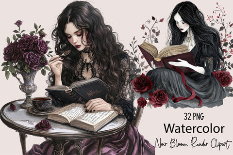 Watercolor Noir Bloom Reader Clipart Sublimation SVGArt 