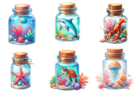Watercolor Ocean Animals in Bottles Sublimation designartist 