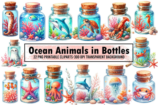 Watercolor Ocean Animals in Bottles Sublimation designartist 