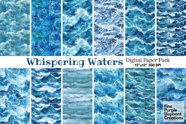 Watercolor Ocean Waves Digital Paper | Tropical Sea Surf Swell Tidal Digital Pattern Fine Purple Elephant Creations 