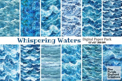 Watercolor Ocean Waves Digital Paper | Tropical Sea Surf Swell Tidal Digital Pattern Fine Purple Elephant Creations 