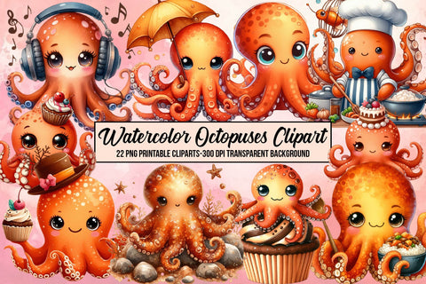 Watercolor Octopuses Clipart Sublimation Rupkotha 