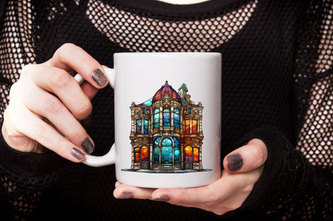 Watercolor Old Building Stained Glass Sublimation Clipart Bundle SVG Designangry 