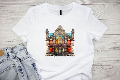 Watercolor Old Building Stained Glass Sublimation Clipart Bundle SVG Designangry 