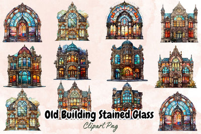Watercolor Old Building Stained Glass Sublimation Clipart Bundle SVG Designangry 