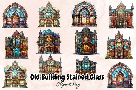 Watercolor Old Building Stained Glass Sublimation Clipart Bundle SVG Designangry 