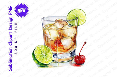 Watercolor old fashioned cocktail with lime and cherry Sublimation Regulrcrative 