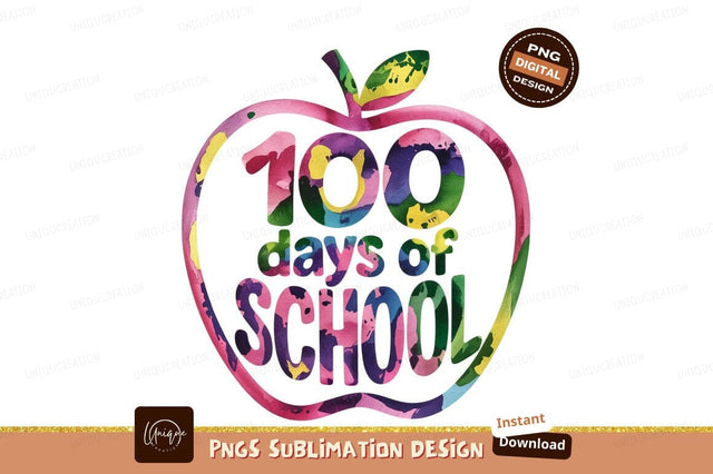 Watercolor One Hundred Days Of School Apple Sublimation Designangry 
