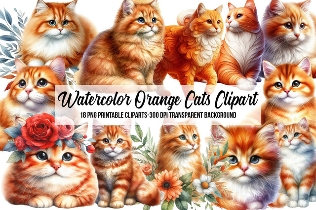 Watercolor Orange Cats Clipart Sublimation Rupkotha 