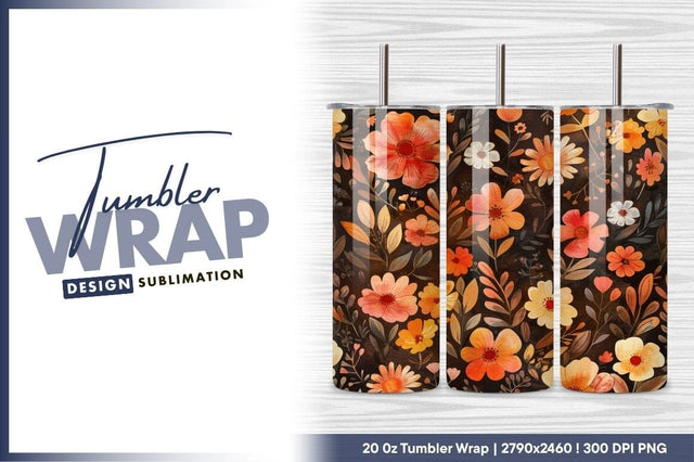 Watercolor Orange Floral Pattern Tumbler Png Sublimation Regulrcrative 