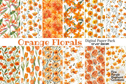 Watercolor Orange Flowers Digital Paper | Delicate Peach Bloom Digital Pattern Fine Purple Elephant Creations 