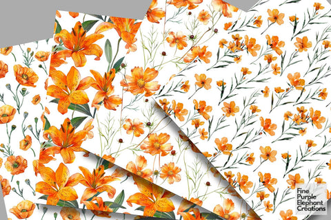 Watercolor Orange Flowers Digital Paper | Delicate Peach Bloom Digital Pattern Fine Purple Elephant Creations 