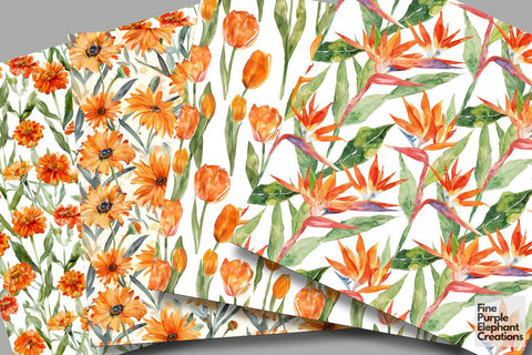 Watercolor Orange Flowers Digital Paper | Delicate Peach Bloom Digital Pattern Fine Purple Elephant Creations 