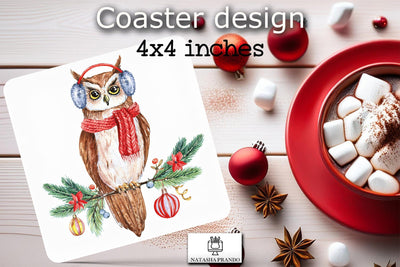 Watercolor Owl Coaster Square Sublimation Design Sublimation Natasha Prando 