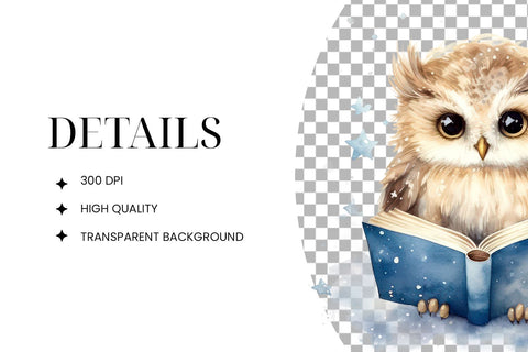 Watercolor Owl Reading Clipart PNG Sublimation BijouBay 