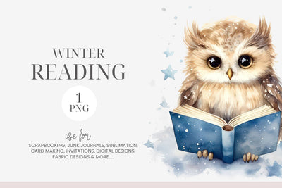 Watercolor Owl Reading Clipart PNG Sublimation BijouBay 
