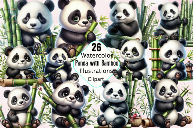 Watercolor Panda with Bamboo Sublimation Clipart Bundle Sublimation SVGArt 