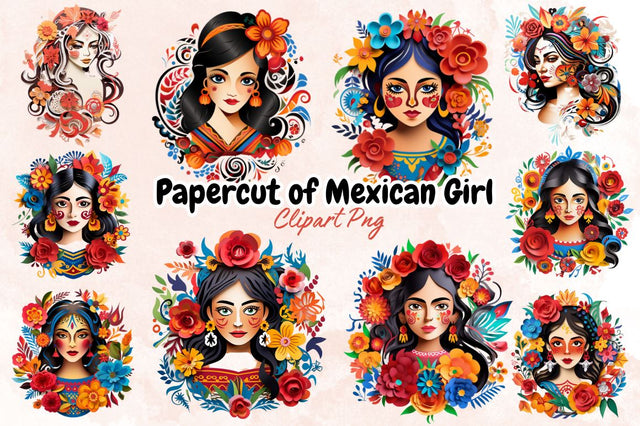 Watercolor Papercut of Mexican Girl Sublimation Bundle Sublimation Designangry 