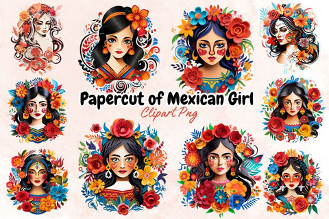 Watercolor Papercut of Mexican Girl Sublimation Bundle Sublimation Designangry 