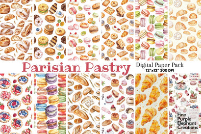 Watercolor Parisian Pastry Dessert Digital Paper - Recipe Scrapbook Sweets Digital Pattern Fine Purple Elephant Creations 