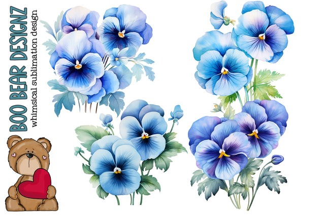 Watercolor Pastel Blue Pansy Clipart Sublimation Boo Bear Designz 