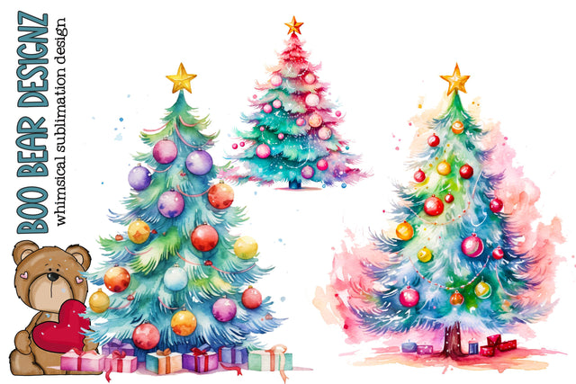 Watercolor Pastel Christmas tree Clipart Sublimation Boo Bear Designz 