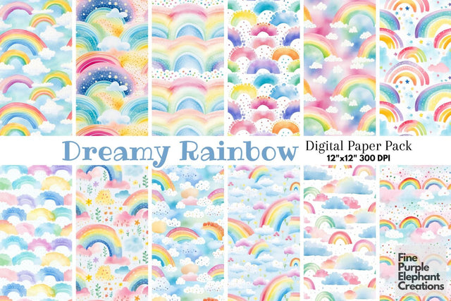 Watercolor Pastel Rainbow Digital Paper | Whimsical Colorful Unicorn Digital Pattern Fine Purple Elephant Creations 