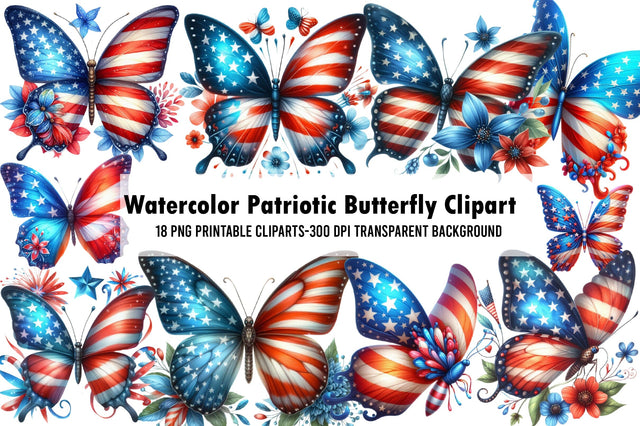 Watercolor Patriotic Butterfly Clipart Sublimation Rupkotha 