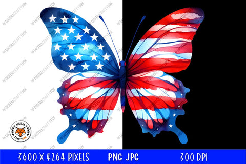 Watercolor Patriotic Butterfly PNG, 4th of July Sublimation Sublimation Digital Craftyfox 