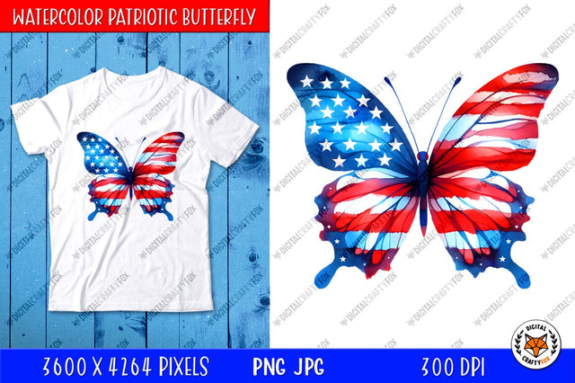Watercolor Patriotic Butterfly PNG, 4th of July Sublimation Sublimation Digital Craftyfox 