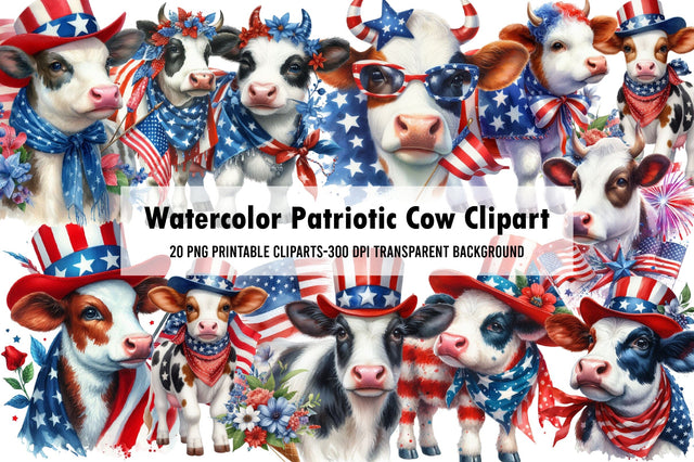 Watercolor Patriotic Cow Clipart Sublimation Rupkotha 