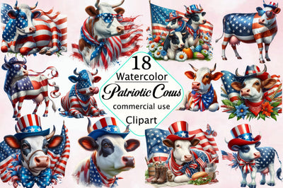 Watercolor Patriotic Cows Clipart Bundle Sublimation SVGArt 