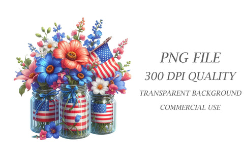 Watercolor Patriotic Flowers in Jar Clipart Sublimation Rupkotha 