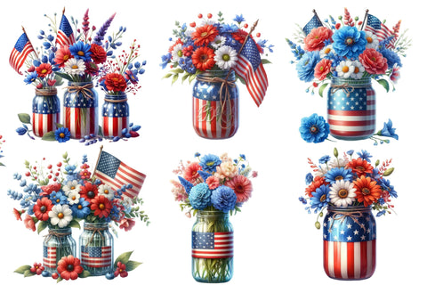Watercolor Patriotic Flowers in Jar Clipart Sublimation Rupkotha 