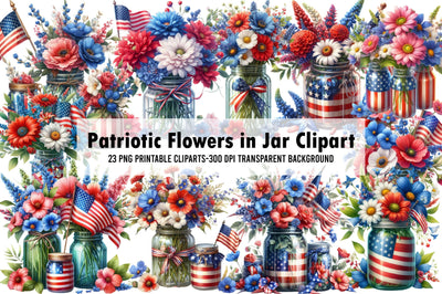 Watercolor Patriotic Flowers in Jar Clipart Sublimation Rupkotha 